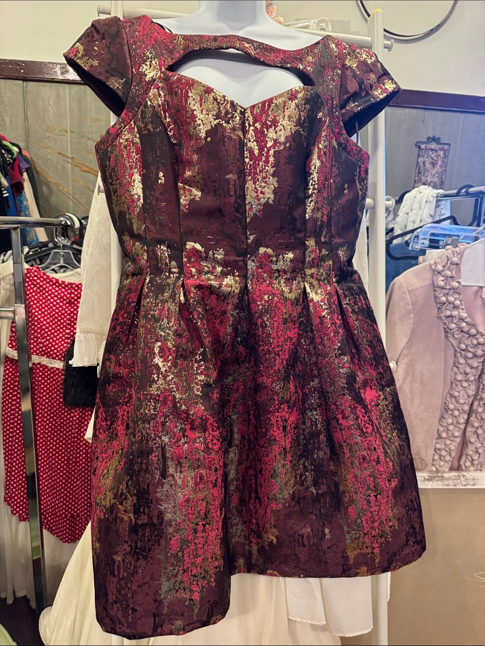 Vince Camuto Burgundy Dress with Metallic Pink & Gold Accents